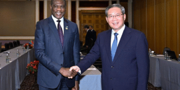 Chinese Premier Li Qiang meets with South African Deputy President Paul Mashatile in Johannesburg, South Africa, Nov. 23, 2025. (Xinhua/Shen Hong)