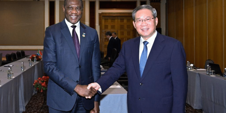 Chinese Premier Li Qiang meets with South African Deputy President Paul Mashatile in Johannesburg, South Africa, Nov. 23, 2025. (Xinhua/Shen Hong)