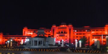 State Buildings on Constitution Avenue Lit Up in Red for Chinese National Day